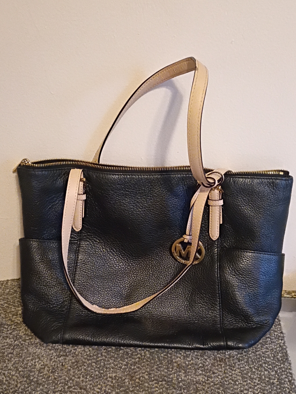 Michael Kors Pebbled  Black Leather Tote with Cream Handles and Gold Hardware